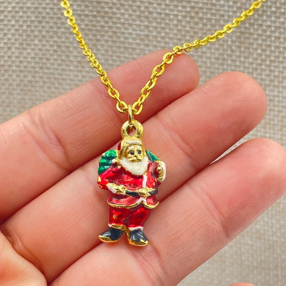 Vtg Santa Claus Christmas Pendant Necklace Enameled Holiday Jewelry Gold Tone